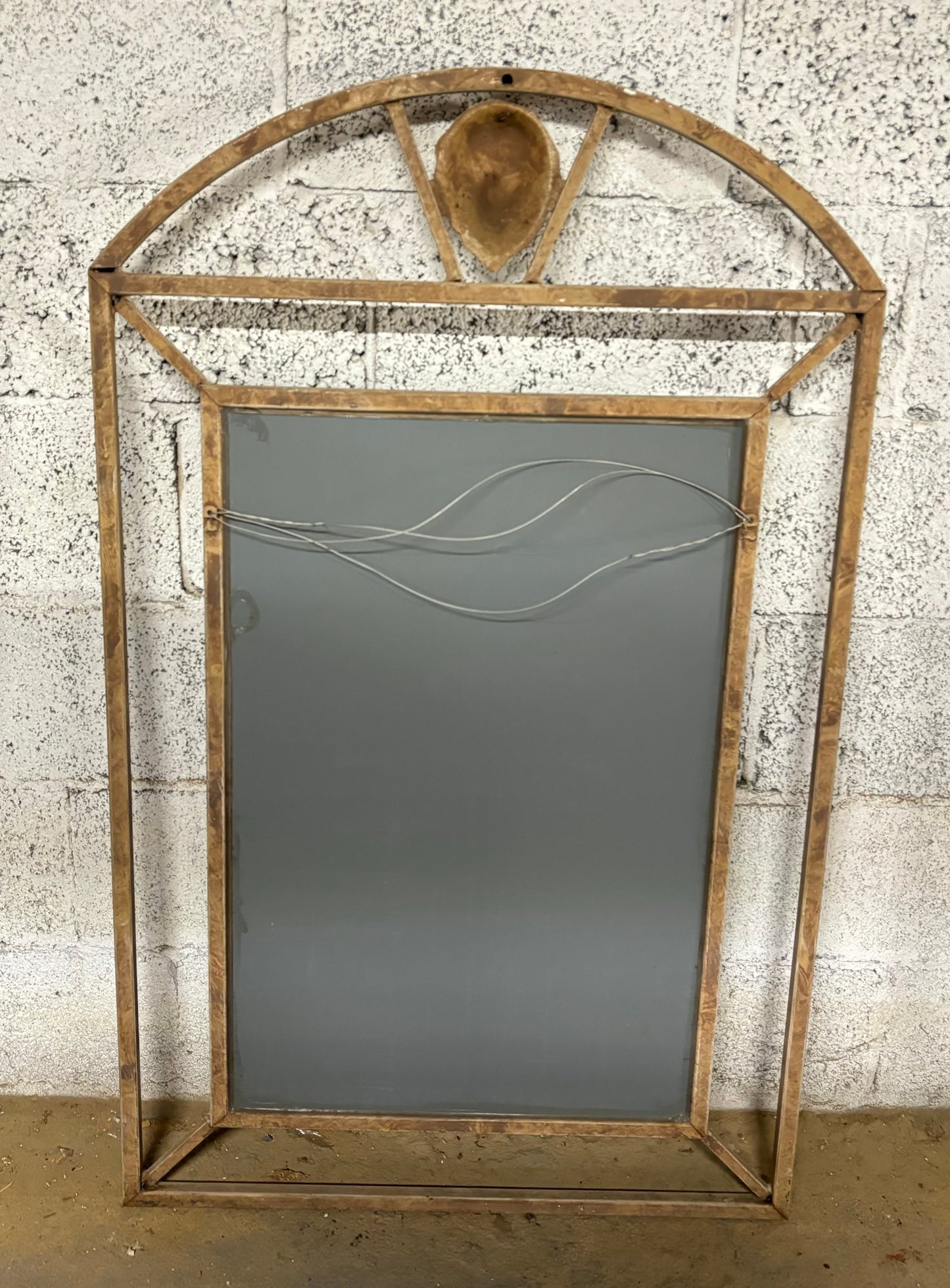 Vintage Arched Mirror With Lion Head Crest On Top, Cast Iron Frame