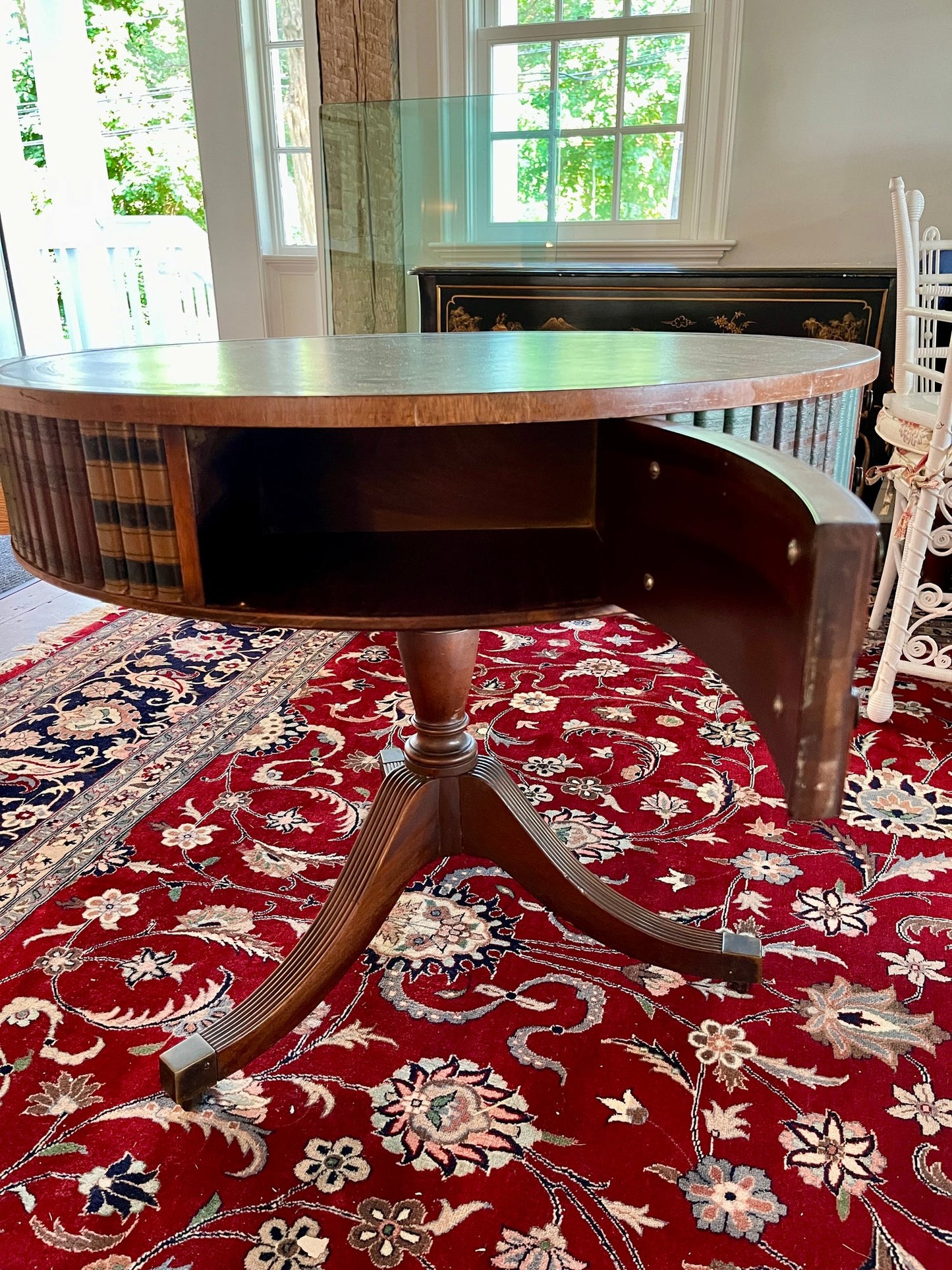 Sheraton Style Revolving Leather Topped Drum Table With Faux Books & Brass Casters