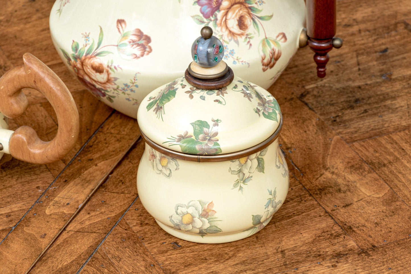 Vintage Three Piece Mackenzie-Childs Enamel Ware Tea And Coffee Set