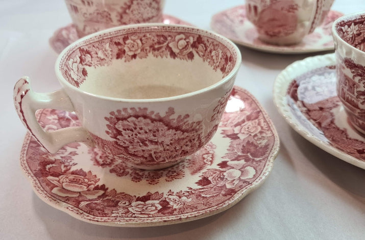 Assortment of Beautiful English Transferware Cups, Saucers, Creamer and a Tray