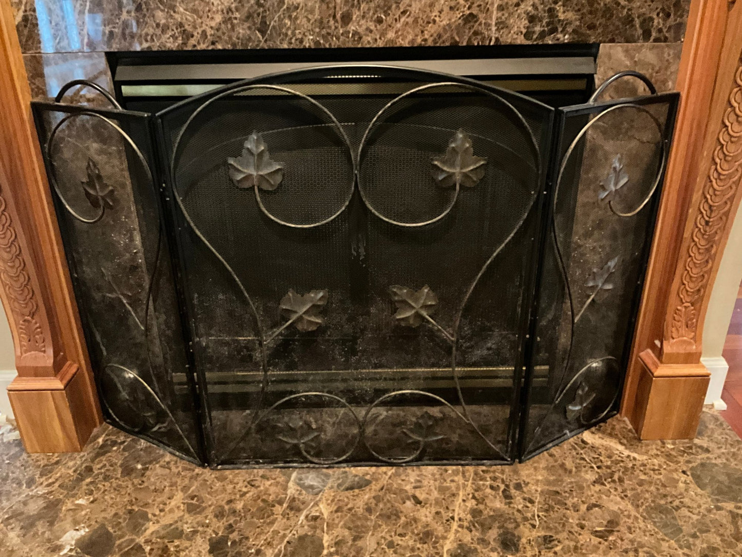 Beautiful Fireplace Screen, Black with Brass Flower Decorations 49"x33"