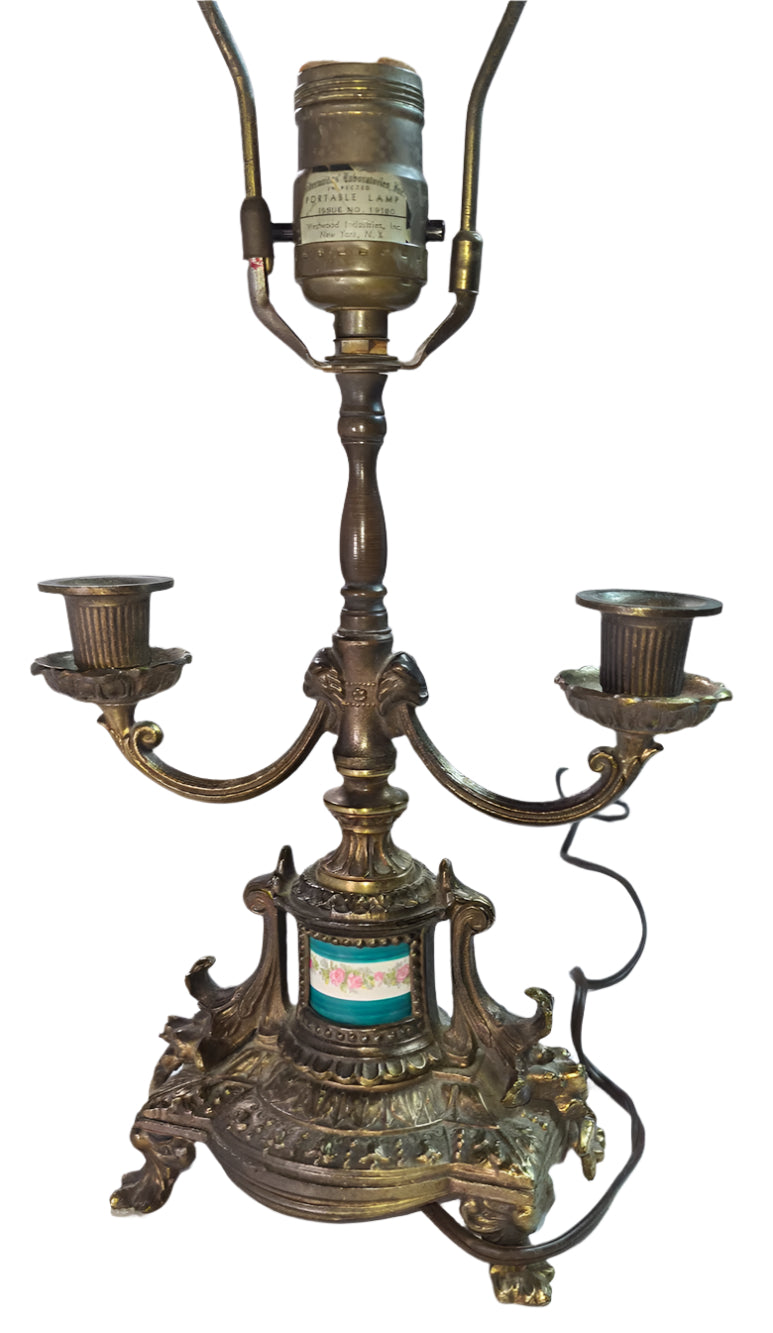 Antique Beautifully Ornate Brass Candelabra Lamp with hand painted porcelain detail.