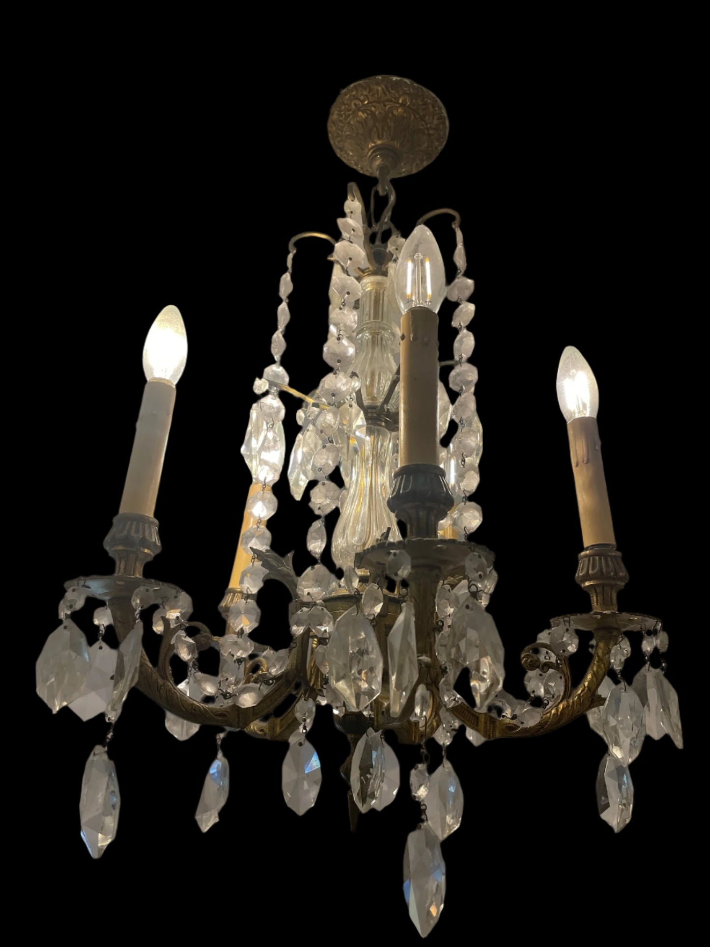 Antique Four Arms, Guilted Brass And Crystals French Style Chandelier