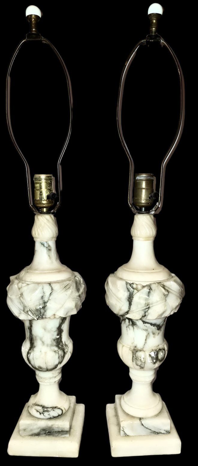 Pair of Antique Italian Neoclassical Carrara Alabaster Marble Lamp