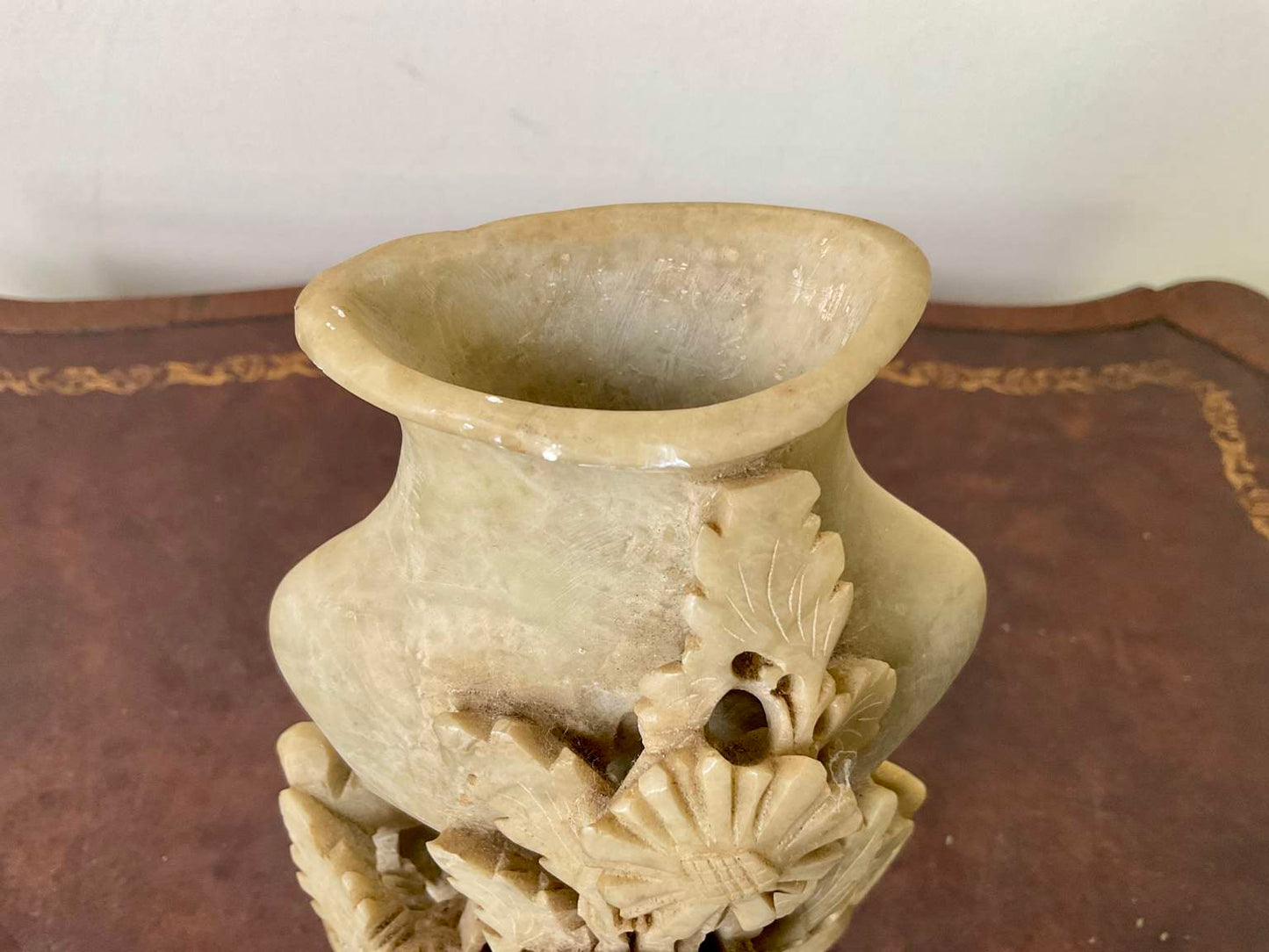Vintage Hand Carved Soap stone vase with floral detail.