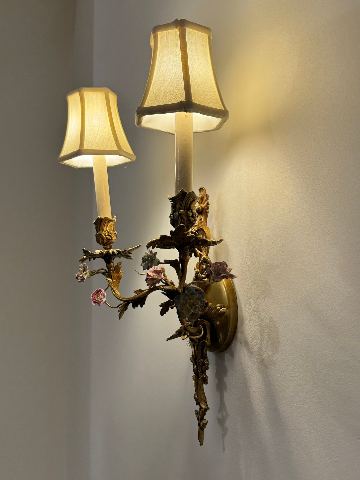 Spectacular French Style Two Light Brass And Porcelain Wall Sconce