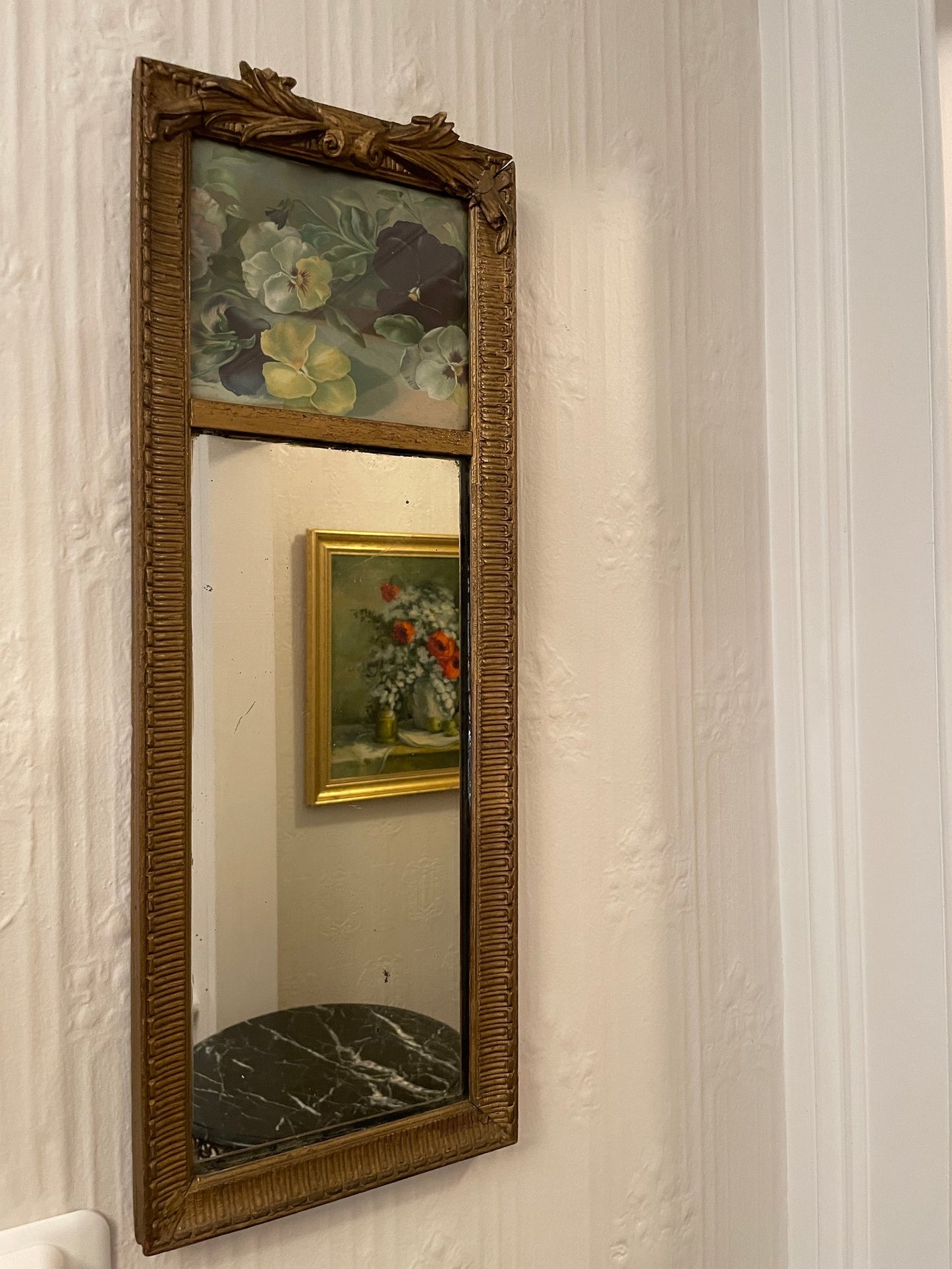 Antique Decorative Mirror With Hand Painted Top Panel.