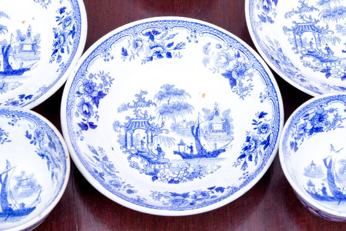 Beautiful Antique Twelve Piece English Continental Blue And White China Tea Service