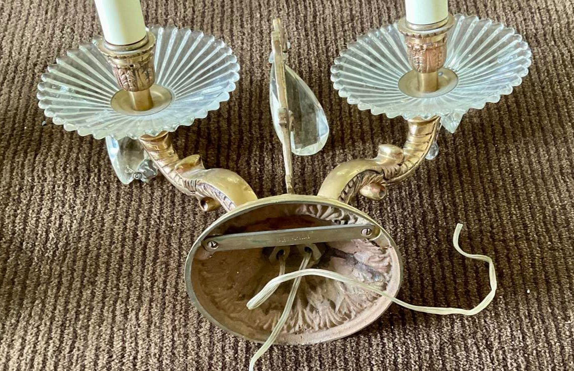 Beautiful Pair of Vintage Portuguese Brass and Crystal Wall Sconces