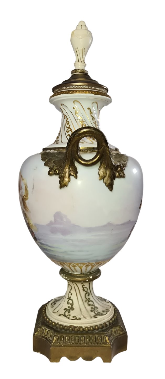 Antique Porcelain Urn with Lid, Brass Stand and Handles