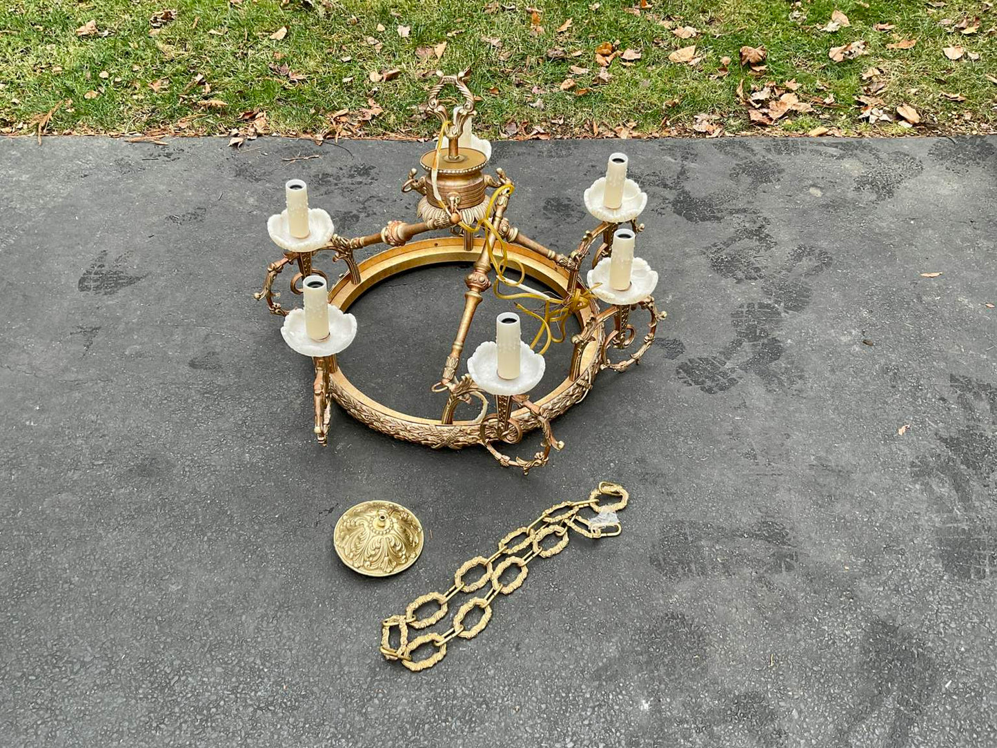 Spectacular Vintage 6 Arm Gilded Metal & Alabaster Chandelier