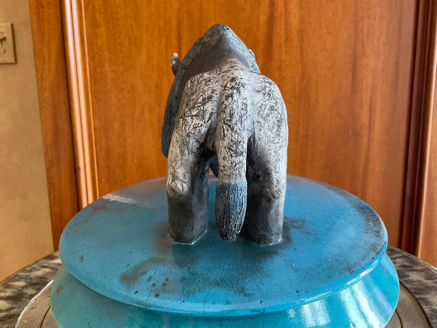 Ceramic Bison Bowl with Lid on Stand, Signed