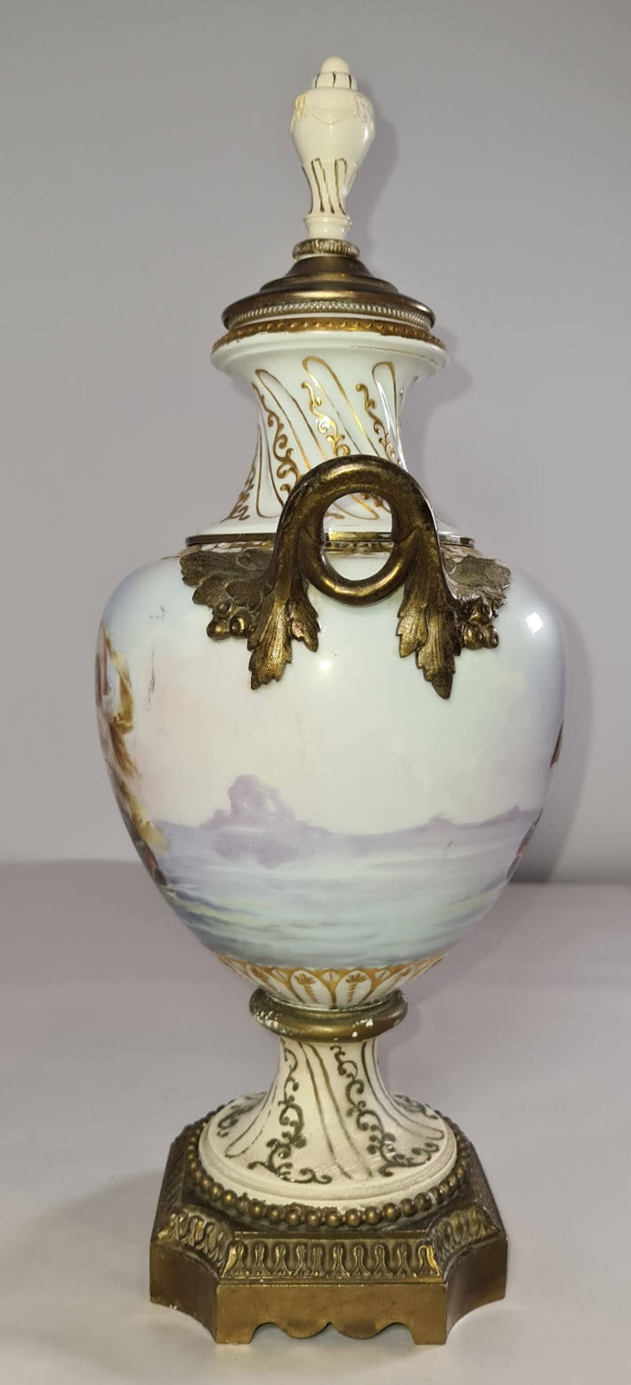 Antique Porcelain Urn with Lid, Brass Stand and Handles