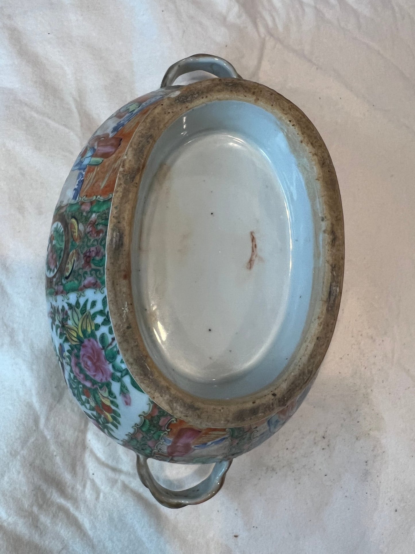 Antique Rare Rose Medallion Covered Tureen - Mushroom Top Finial & Woven Handles - Gilt Detailing
