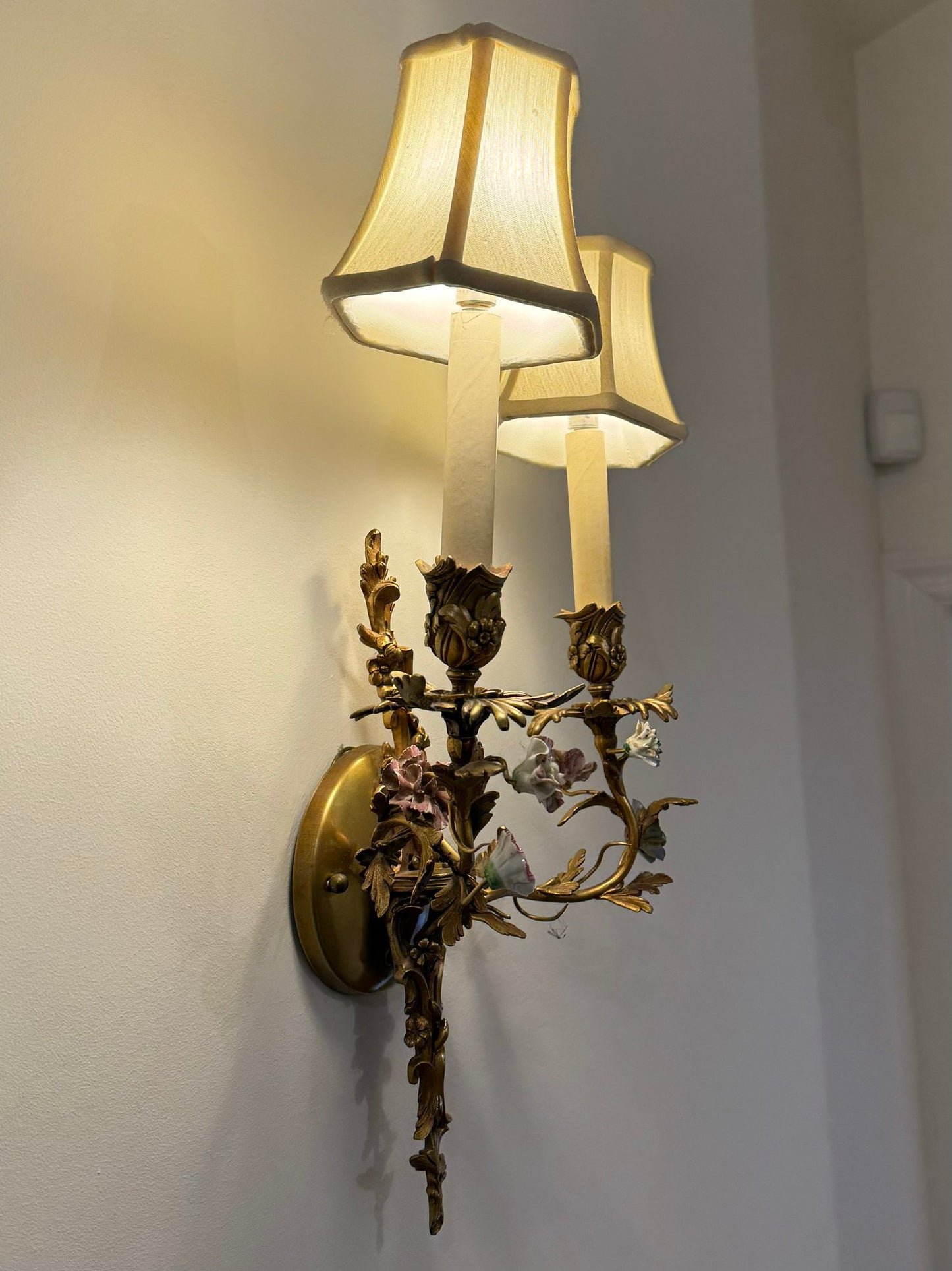 Spectacular French Style Two Light Brass And Porcelain Wall Sconce