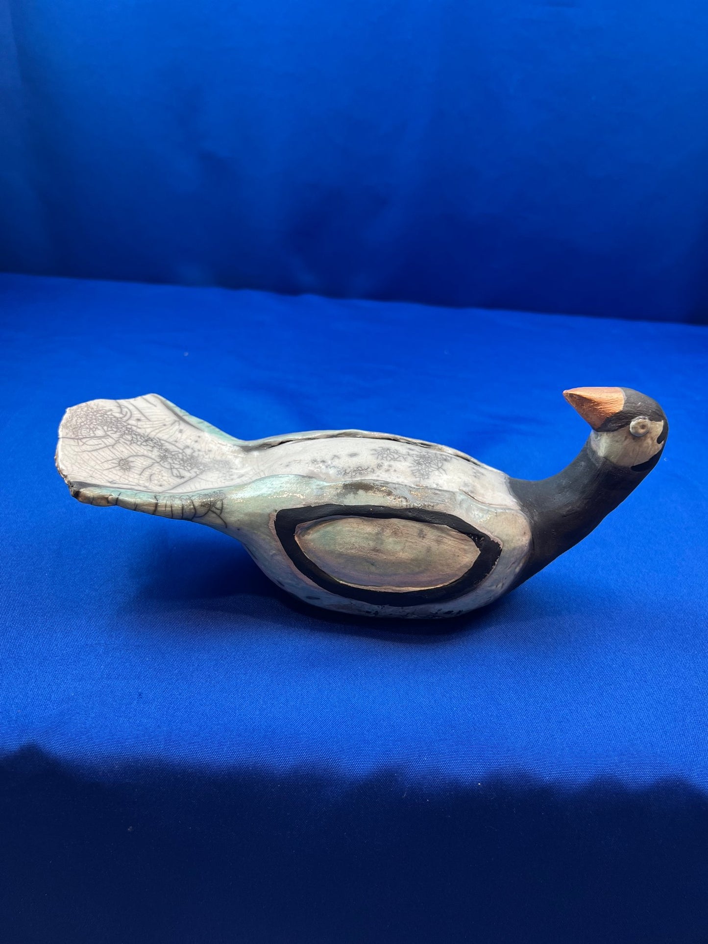 Beautiful Rare Vintage Handmade Crackle Glaze Pottery Bird - Signed