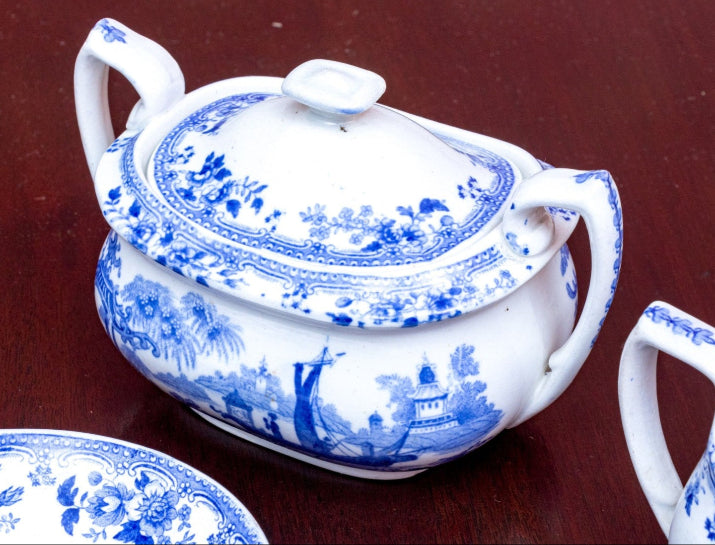 Beautiful Antique Twelve Piece English Continental Blue And White China Tea Service