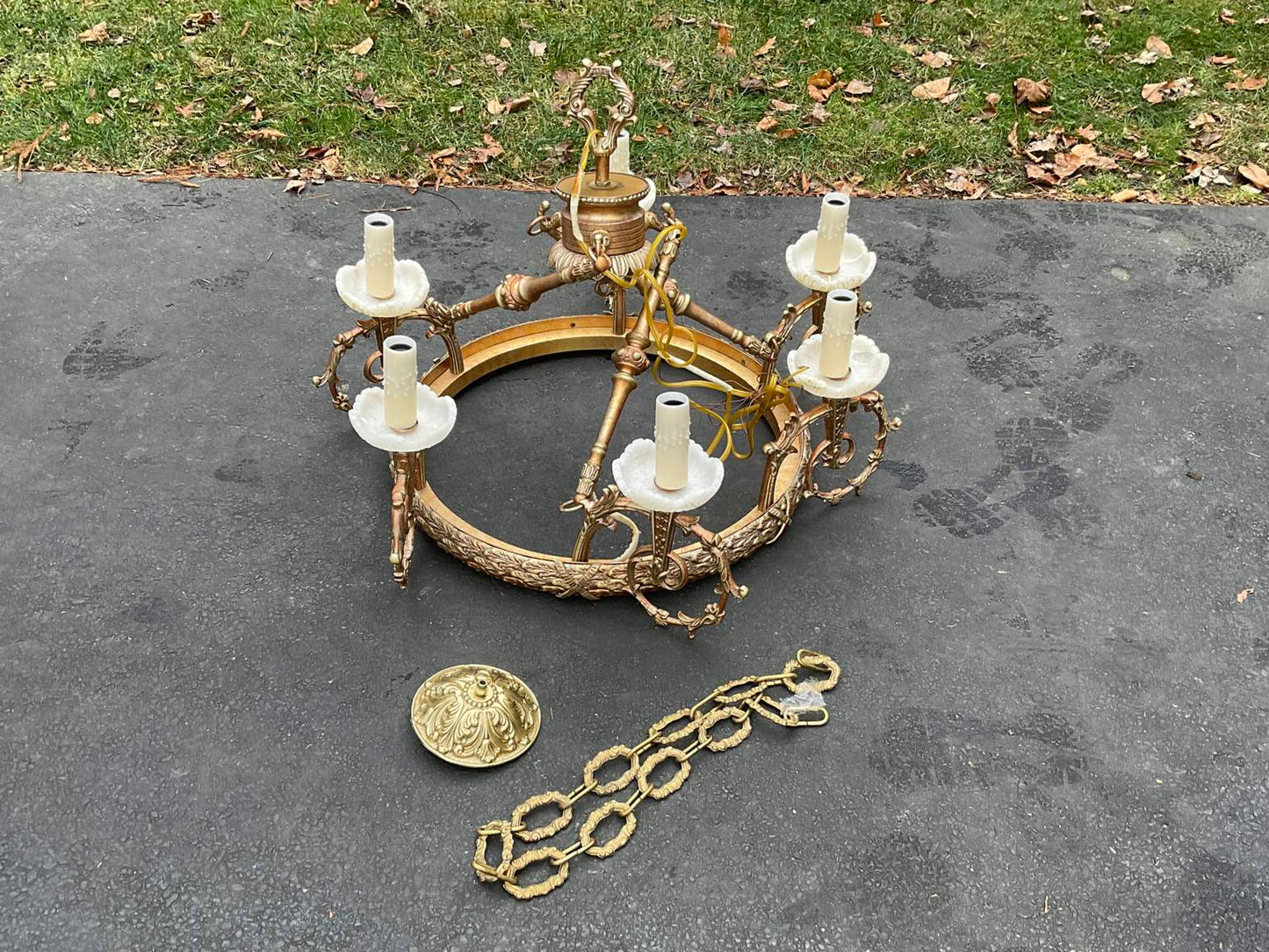 Spectacular Vintage 6 Arm Gilded Metal & Alabaster Chandelier