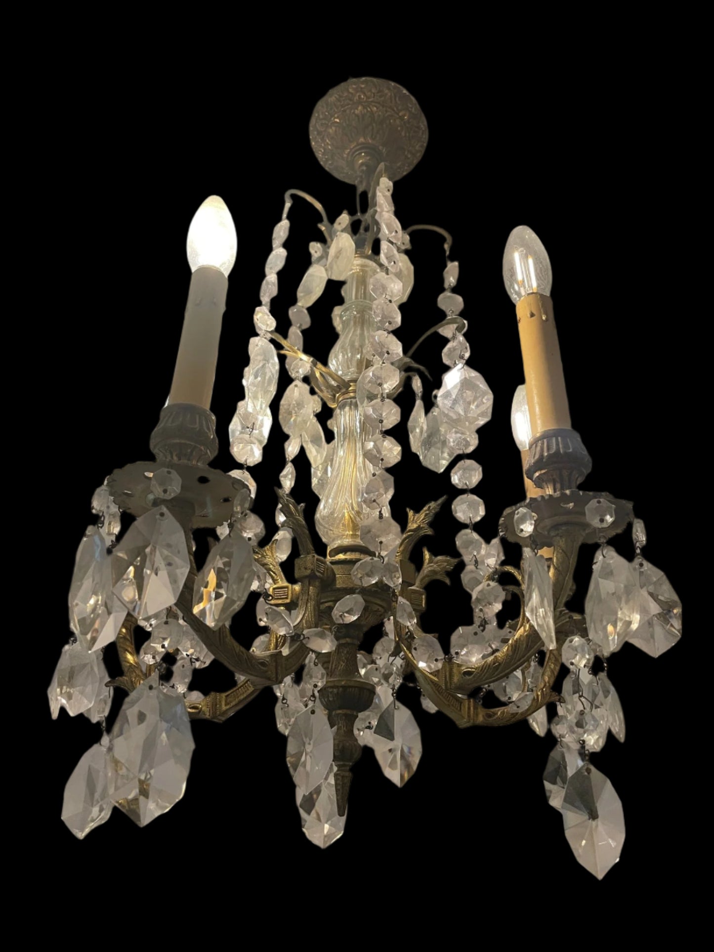 Antique Four Arms, Guilted Brass And Crystals French Style Chandelier