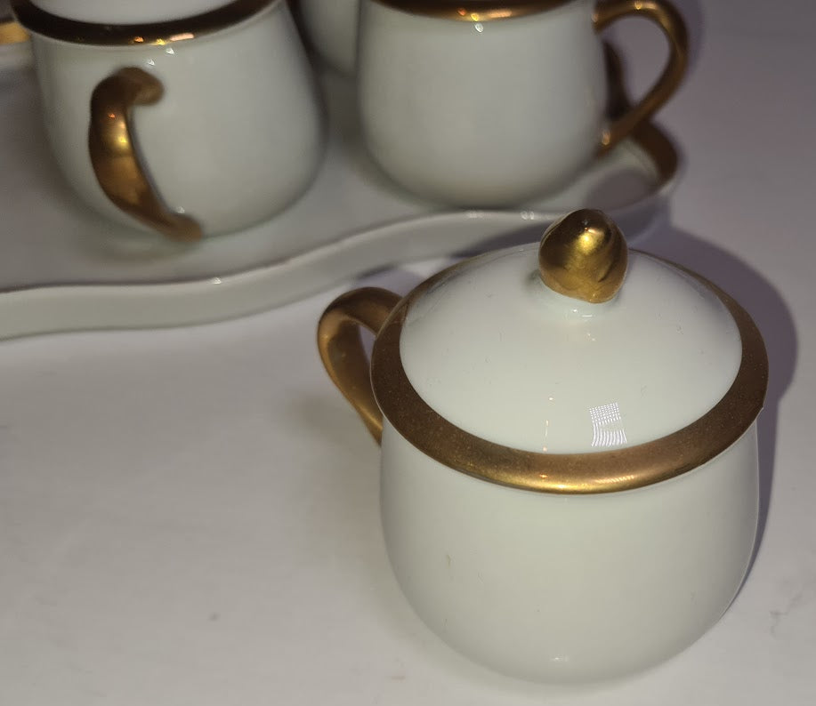 Fitz & Floyd Pots De Creme with tray, gold on white