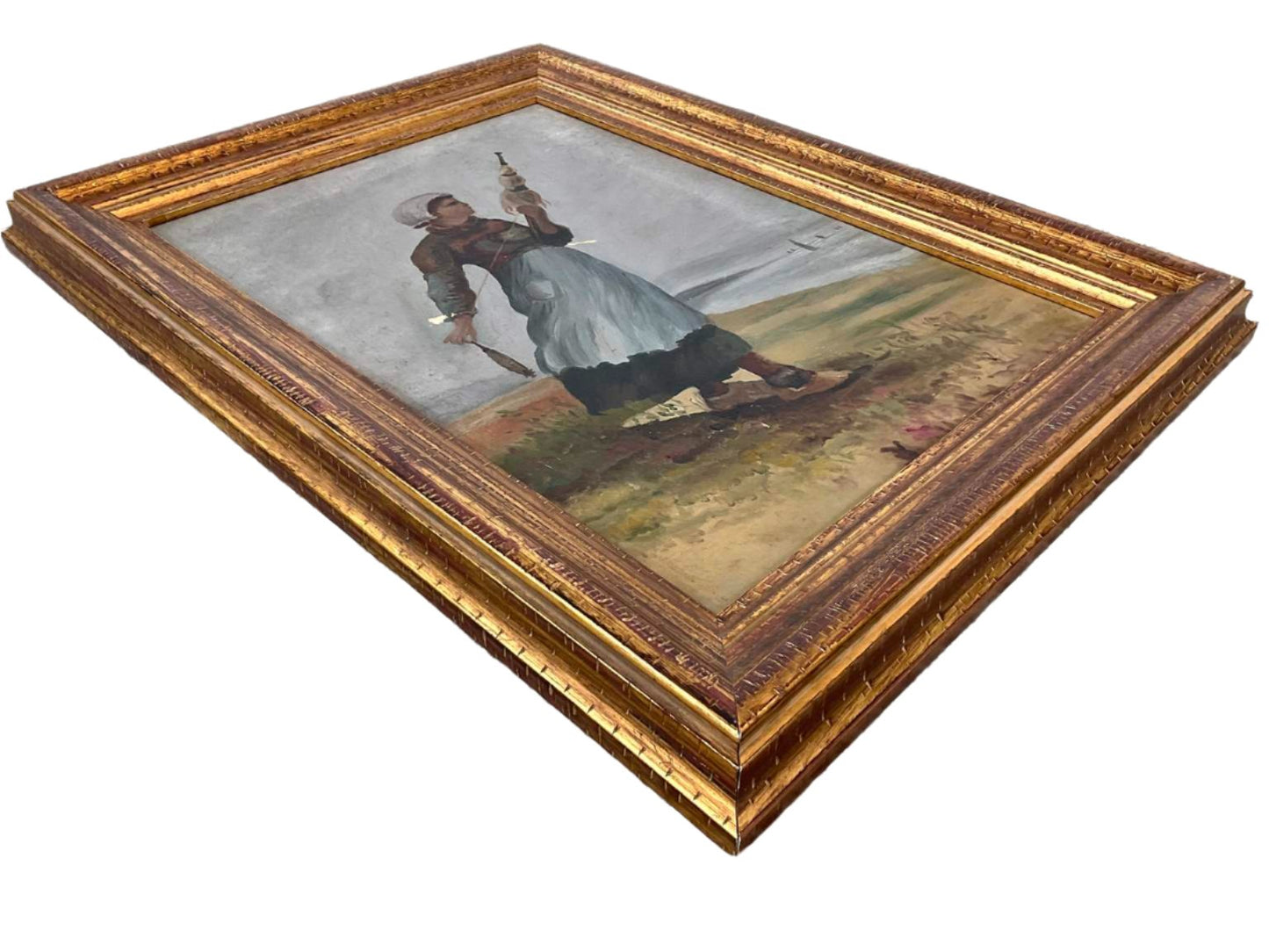Antique and Rare Acadian Woman Spinning Yarn, Oil on Canvas, c. 1895