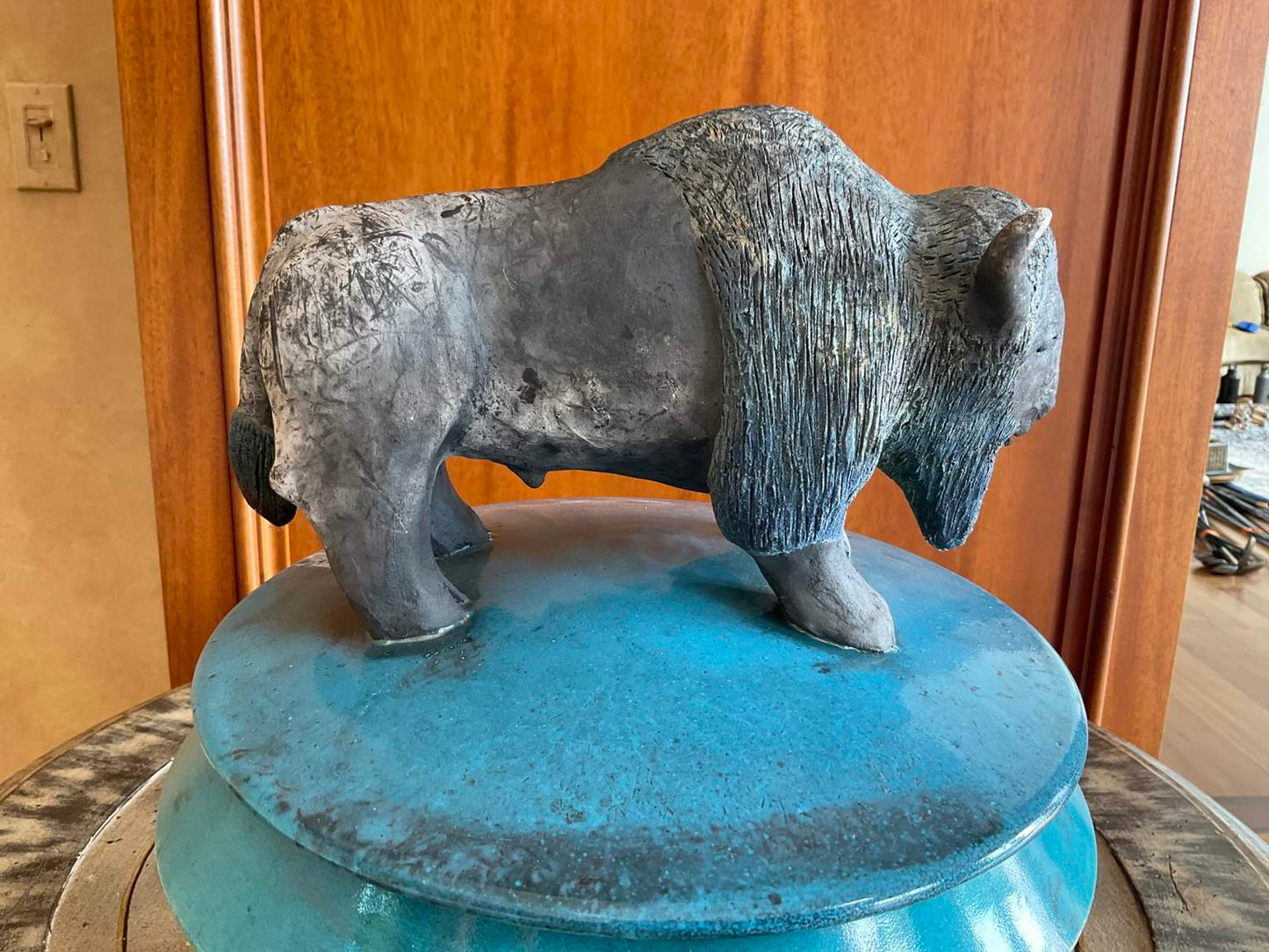 Ceramic Bison Bowl with Lid on Stand, Signed