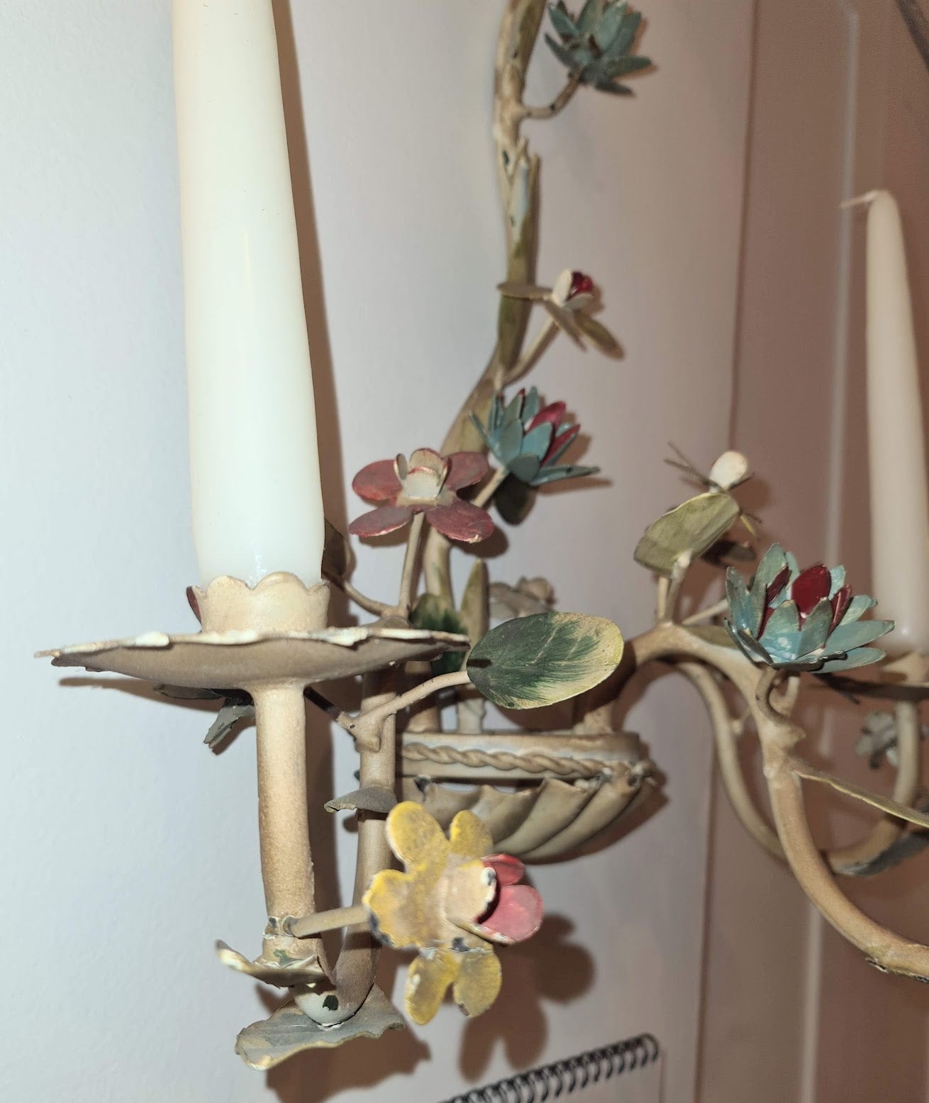 Vintage Italian Tole Painted Flower 3 Candle Wall Sconces