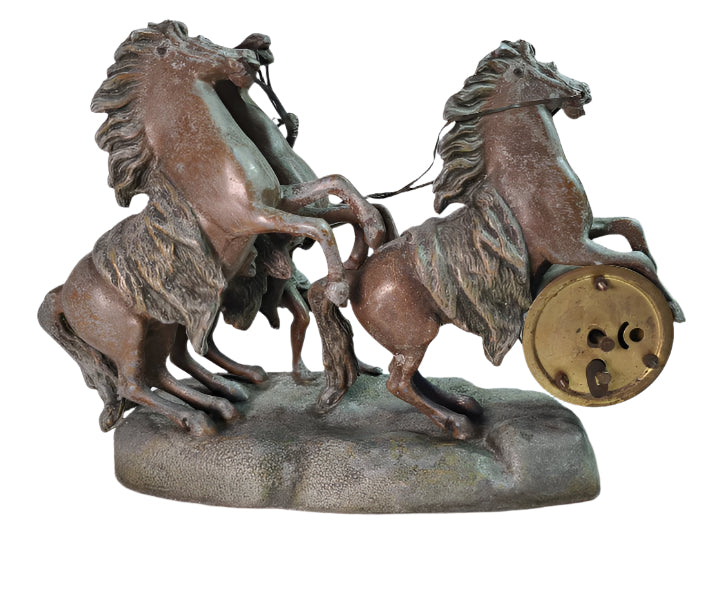 Rare Mantle Clock with Horses and Trainer, "Fabrication Francaise Paris France" Seal