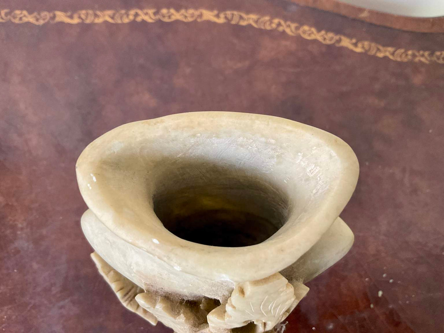 Vintage Hand Carved Soap stone vase with floral detail.