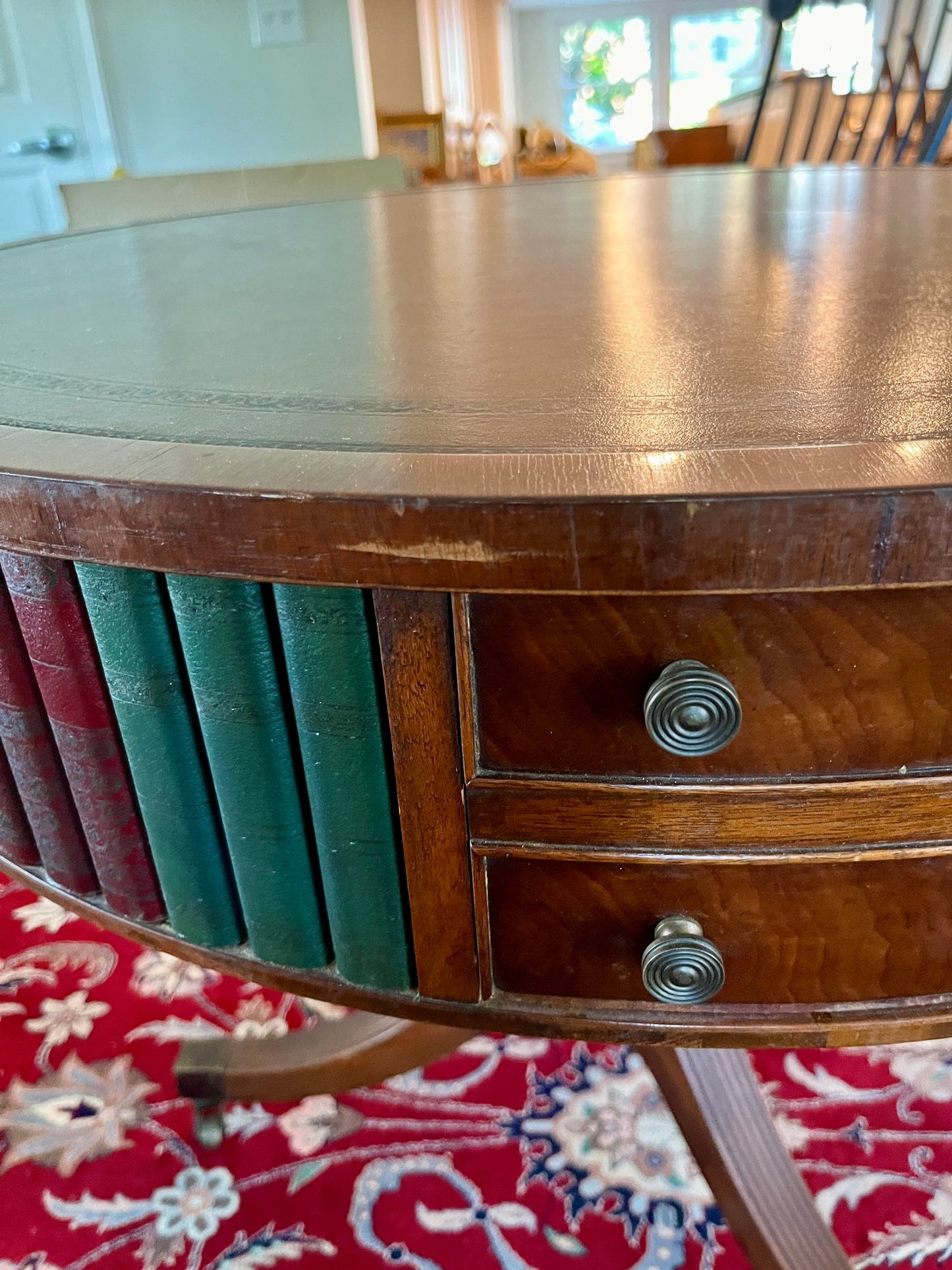 Sheraton Style Revolving Leather Topped Drum Table With Faux Books & Brass Casters