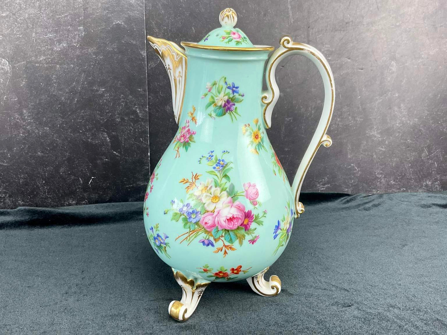 Antique Porcelain de Paris Pink Edme Samson et Cie Floral Footed Bowl & Turquoise Boyer Teapot