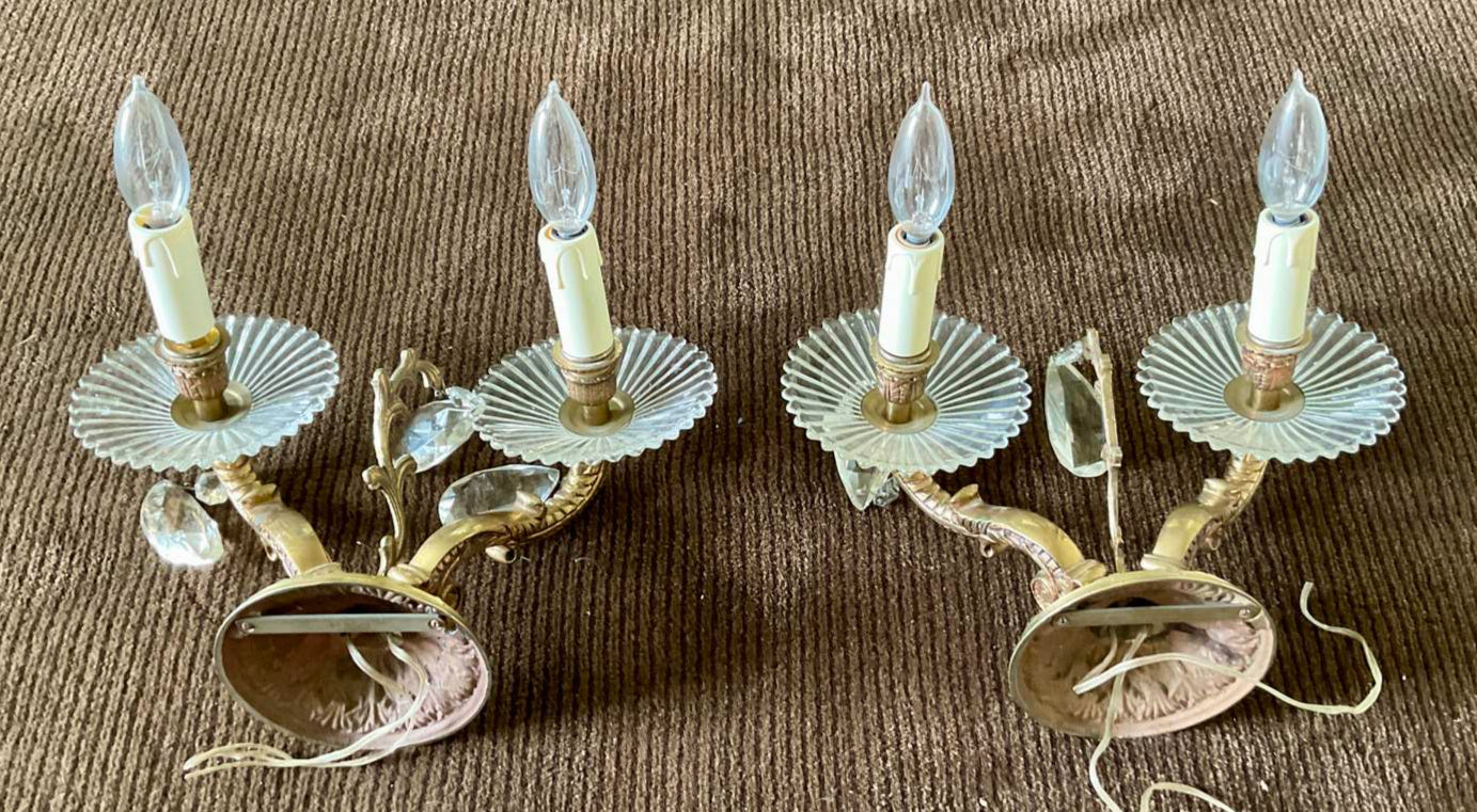 Beautiful Pair of Vintage Portuguese Brass and Crystal Wall Sconces