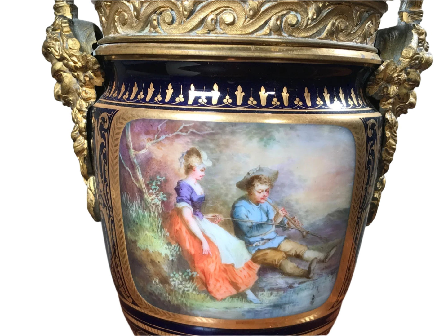 Spectacular French Sevres Urn with Lid on Gilded Bronze Ormolu Stand 1763