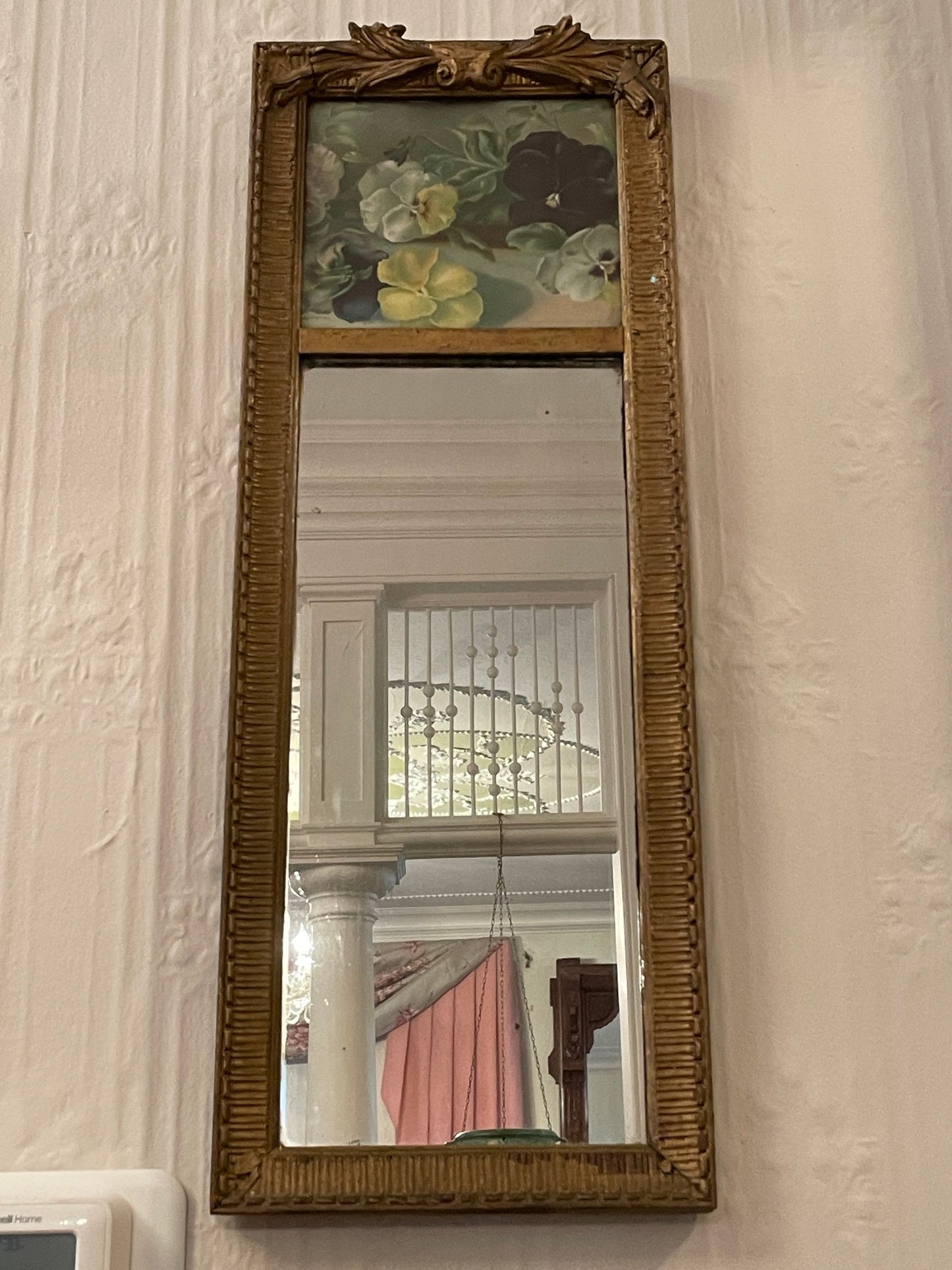 Antique Decorative Mirror With Hand Painted Top Panel.