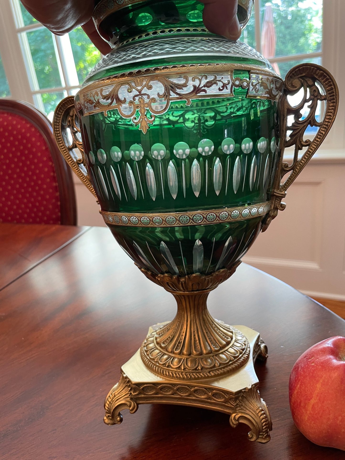 Antique Bohemian Cut Green Glass Covered Urn with Gilted Brass Handles and Stand