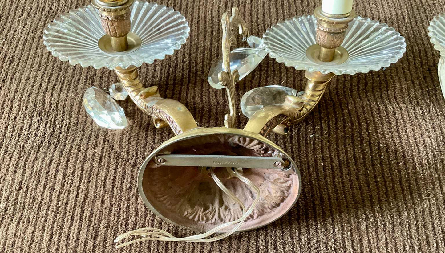 Beautiful Pair of Vintage Portuguese Brass and Crystal Wall Sconces