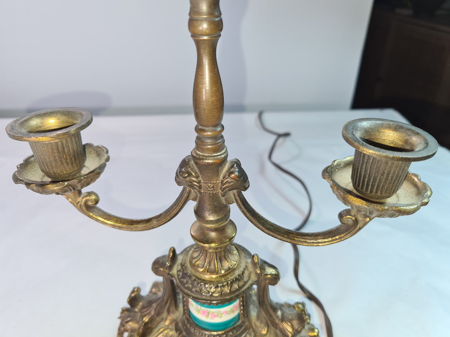 Antique Beautifully Ornate Brass Candelabra Lamp with hand painted porcelain detail.