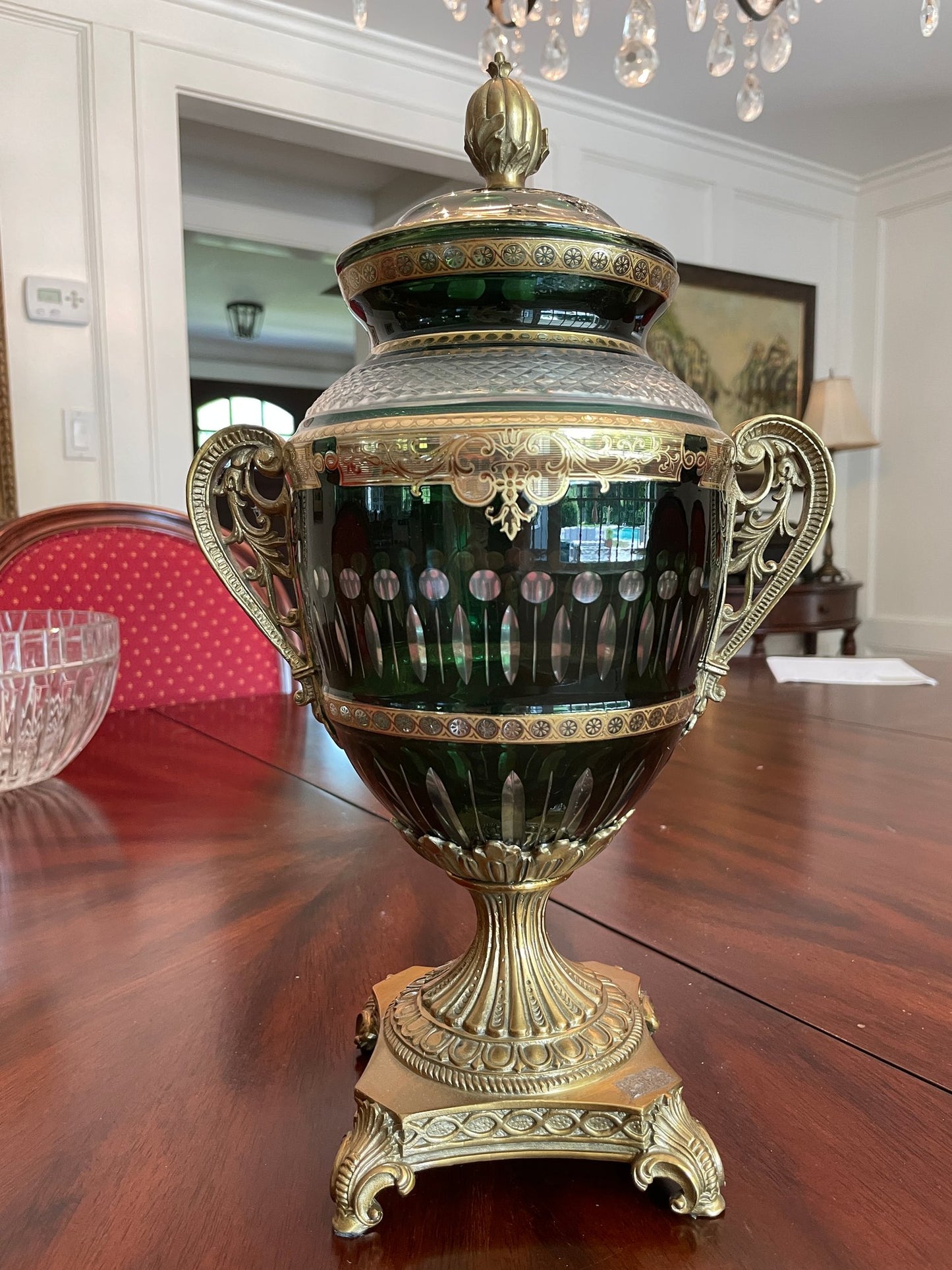 Antique Bohemian Cut Green Glass Covered Urn with Gilted Brass Handles and Stand
