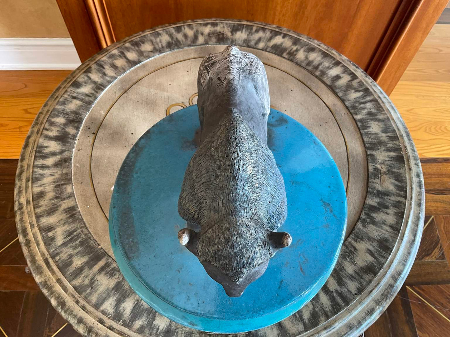 Ceramic Bison Bowl with Lid on Stand, Signed