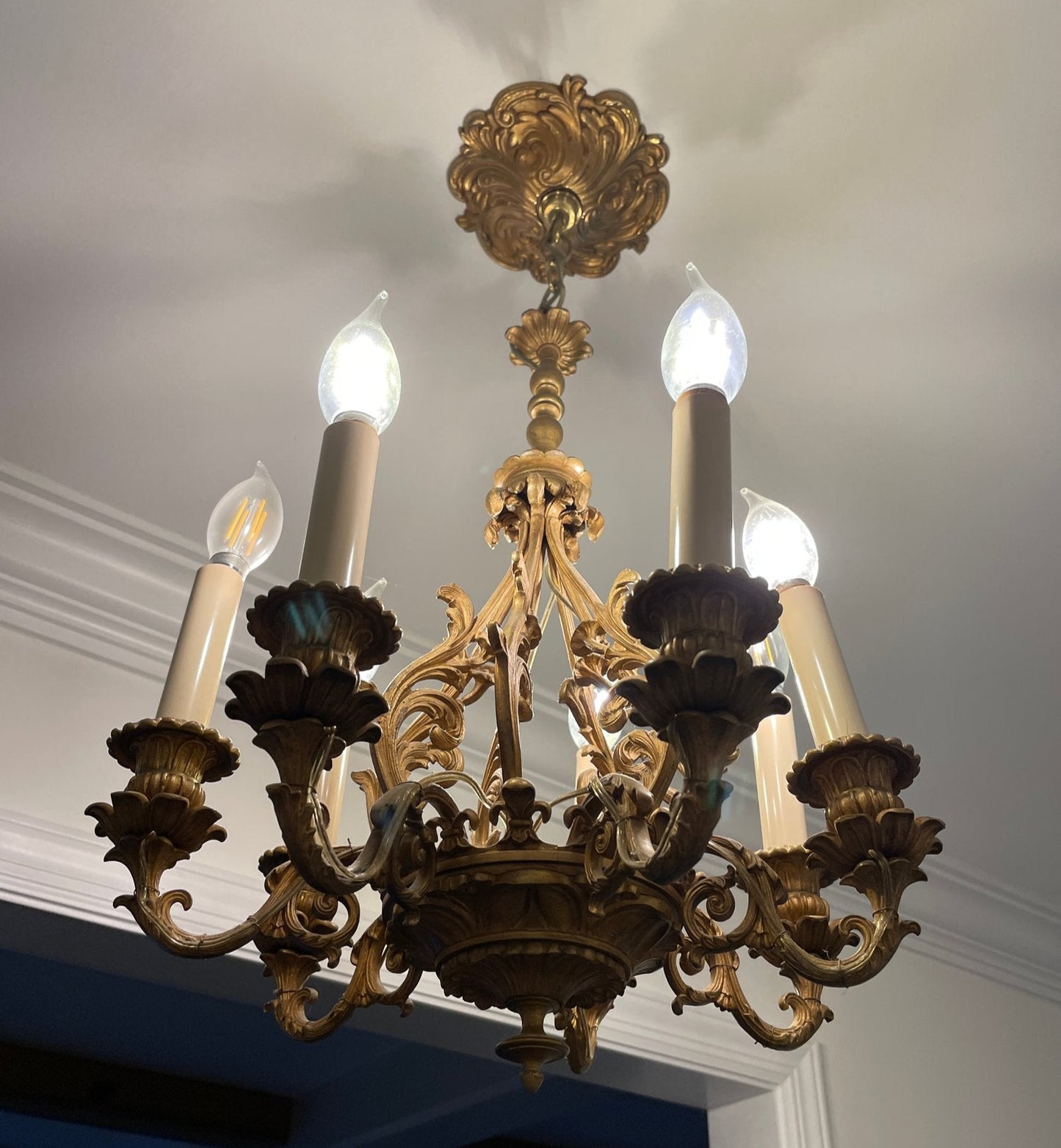 Fabulous Vintage French Brass Chandelier with Six Arms
