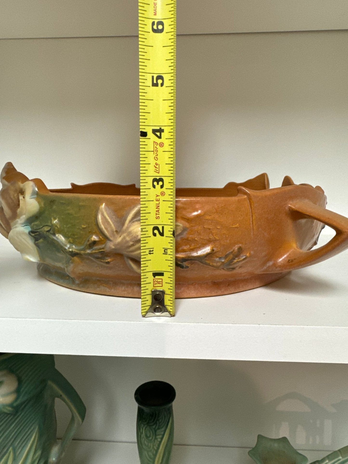 Roseville Brown Magnolia with White & Pink Flowers #450-10" Two Handle Art Pottery Console Bowl