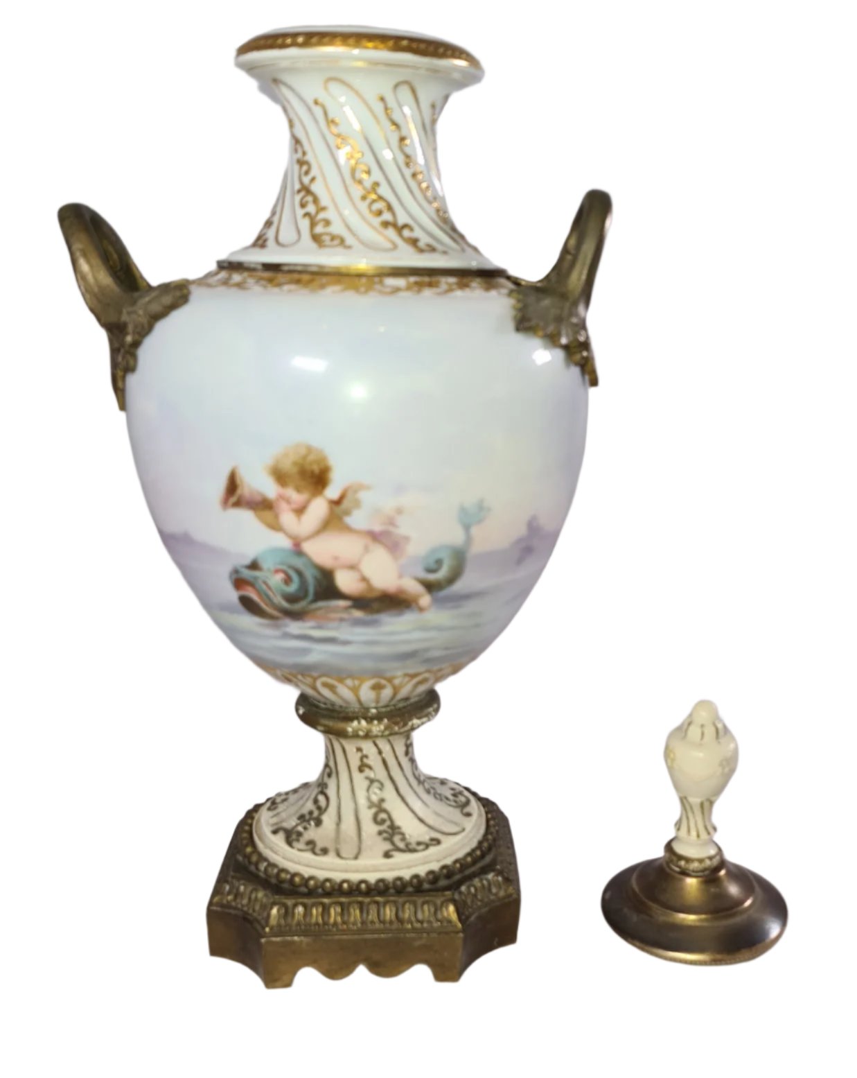Antique Porcelain Urn with Lid, Brass Stand and Handles