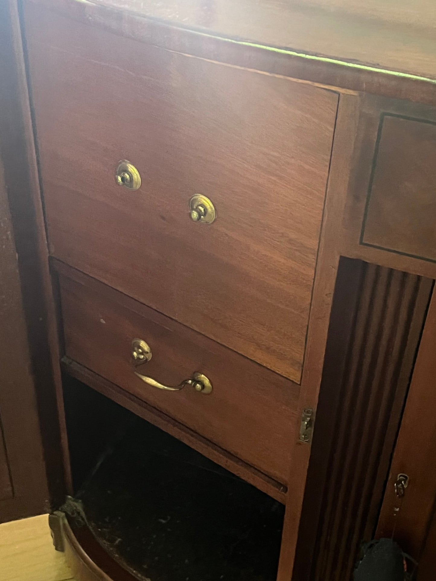 Vintage Mahogany Sideboard with high brass gallery rail and recessed center cabinet