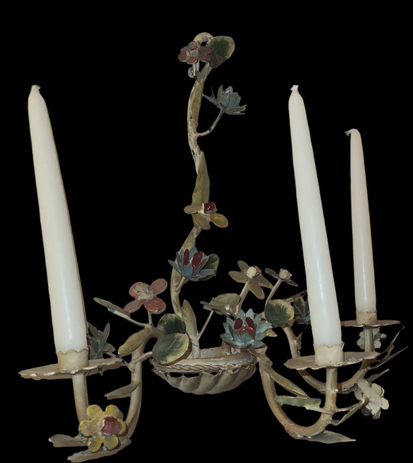 Vintage Italian Tole Painted Flower 3 Candle Wall Sconces