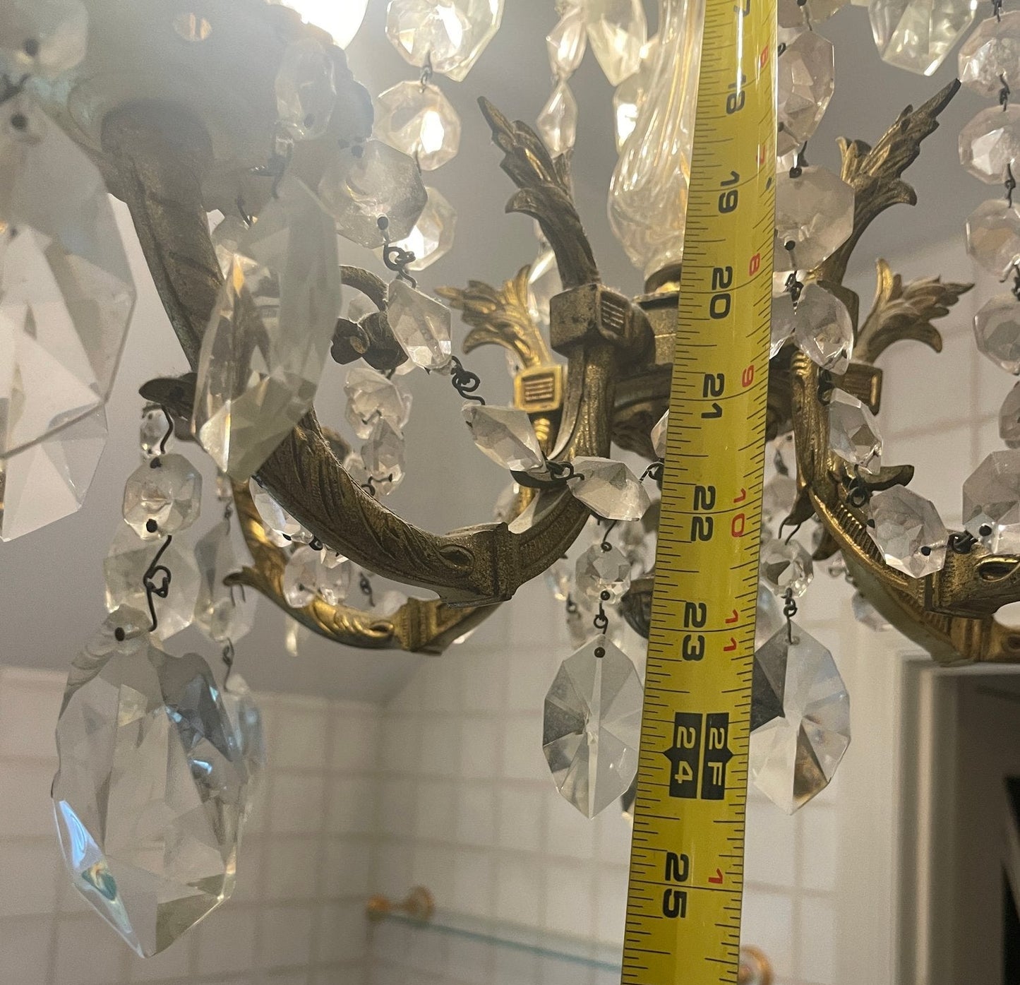 Antique Four Arms, Guilted Brass And Crystals French Style Chandelier