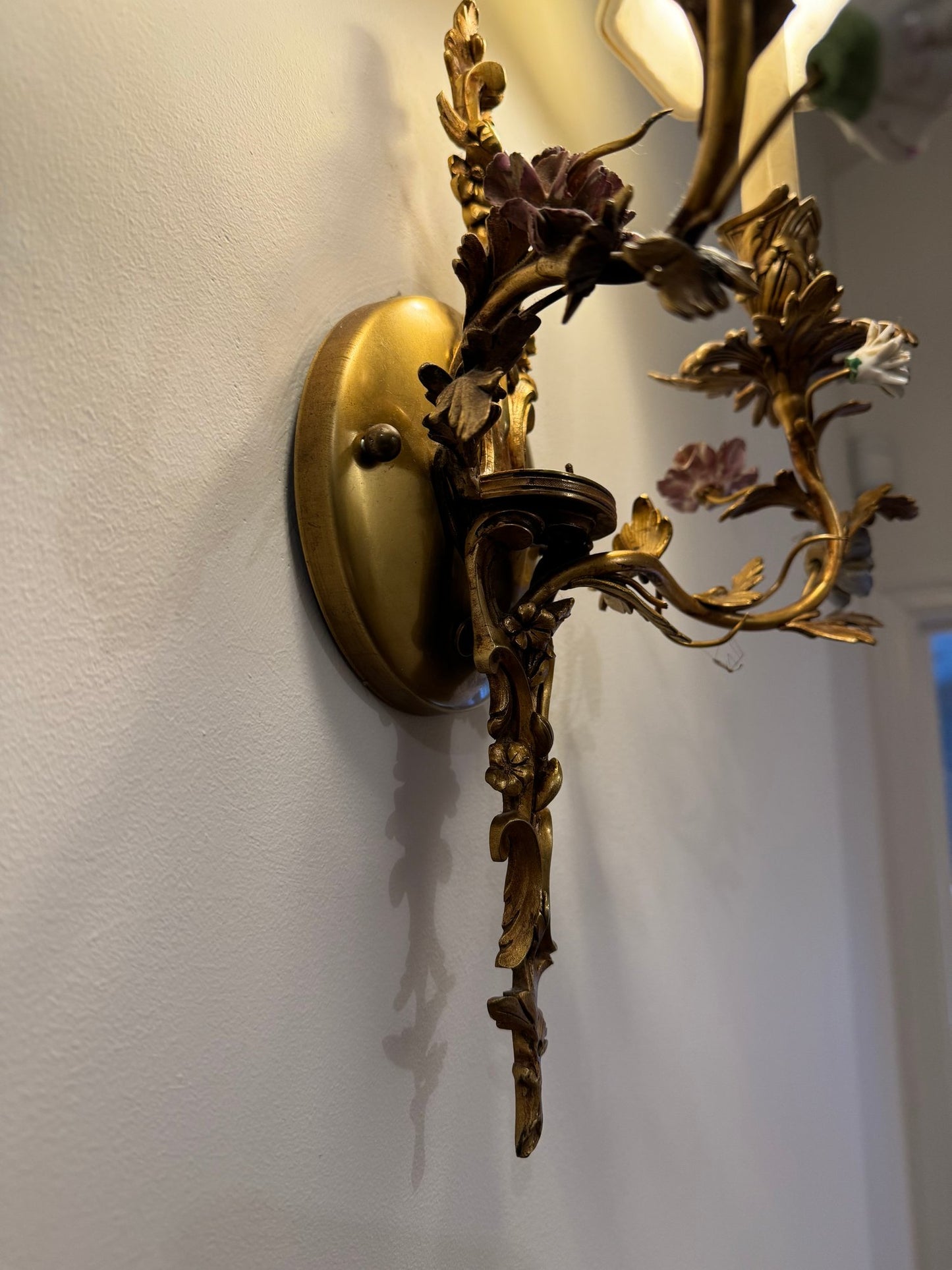 Spectacular French Style Two Light Brass And Porcelain Wall Sconce