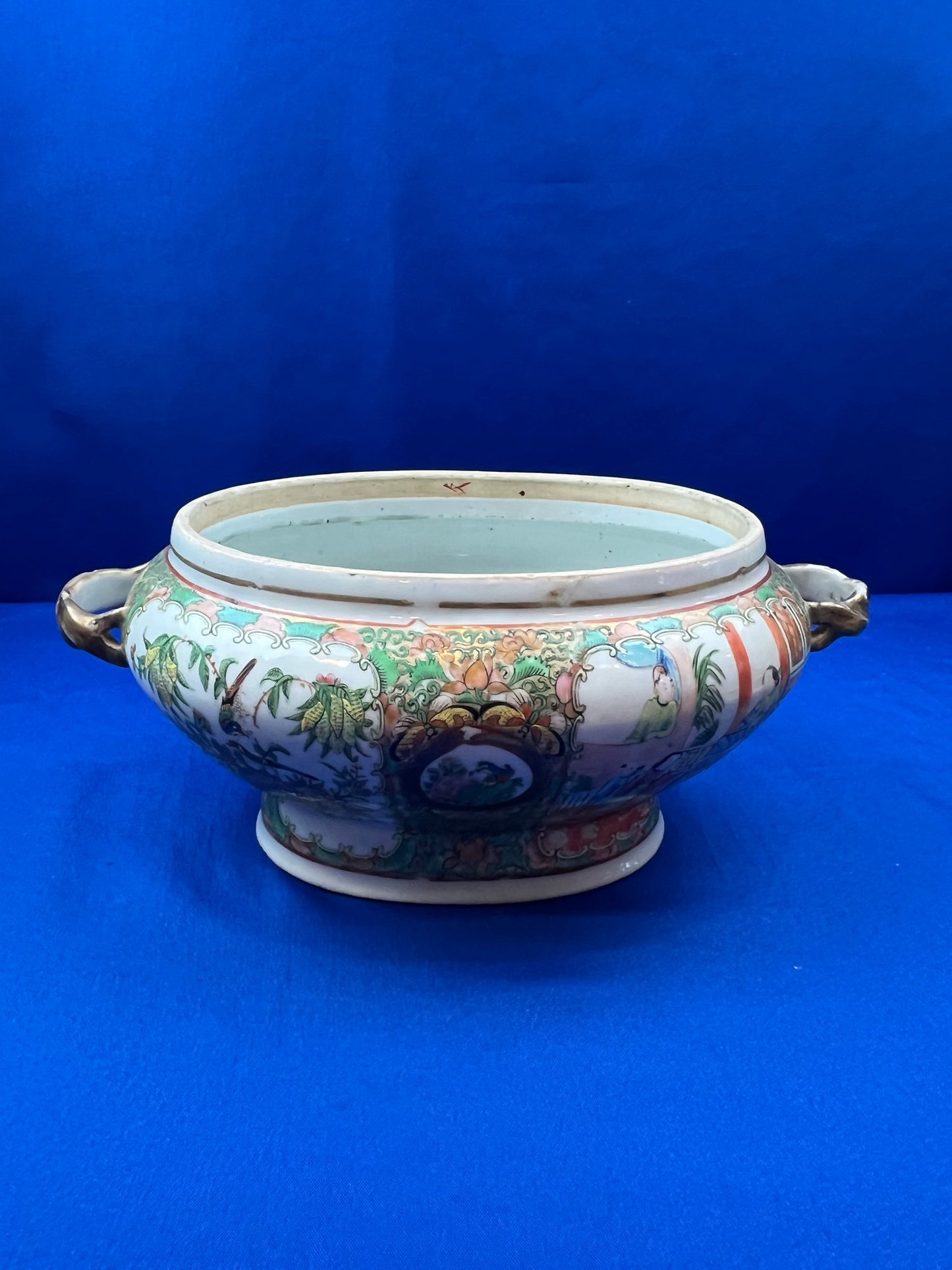 Antique Rare Rose Medallion Covered Tureen - Mushroom Top Finial & Woven Handles - Gilt Detailing