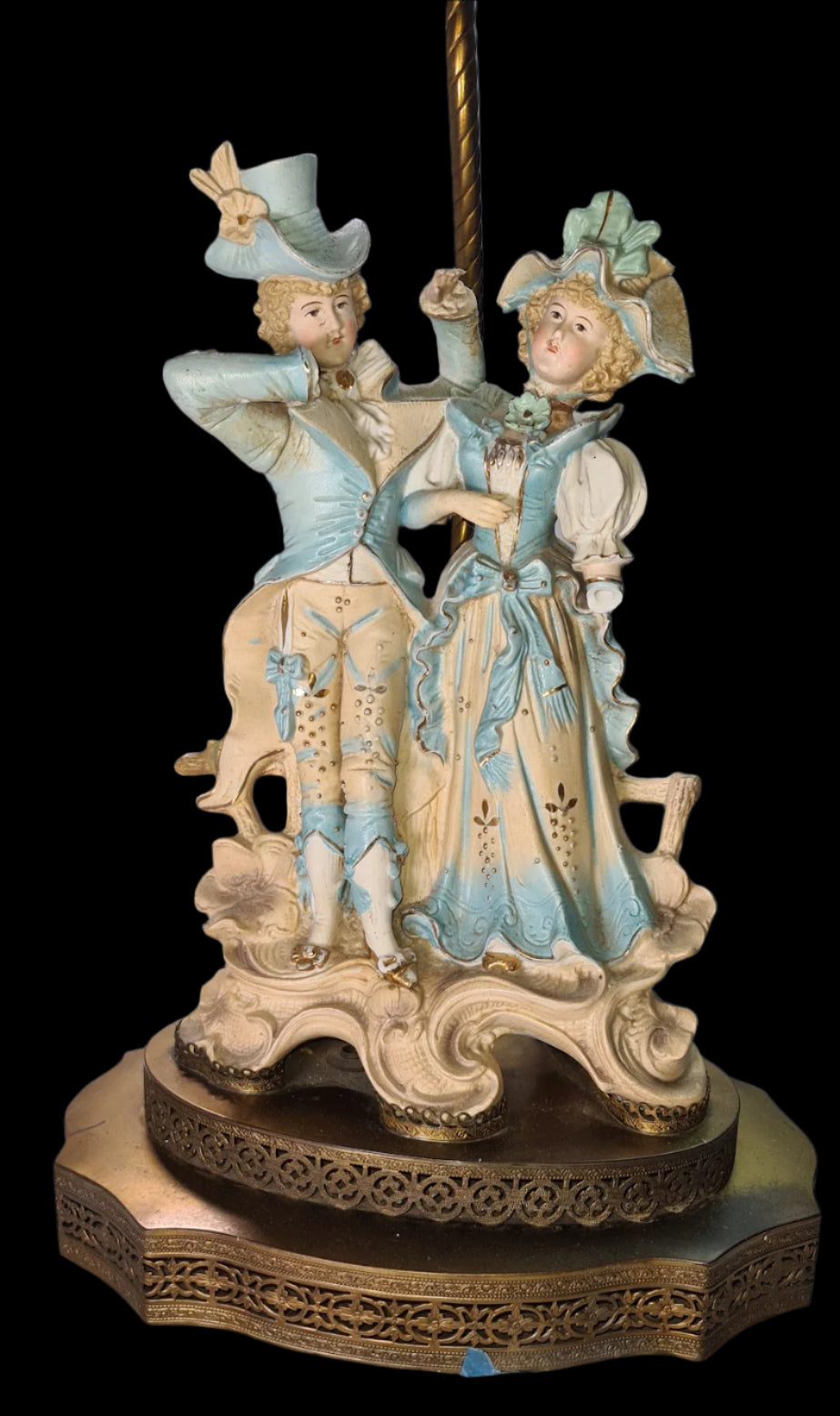 Antique Victorian Porcelain Couple Hand Painted Figural Table Lamp Brass Base