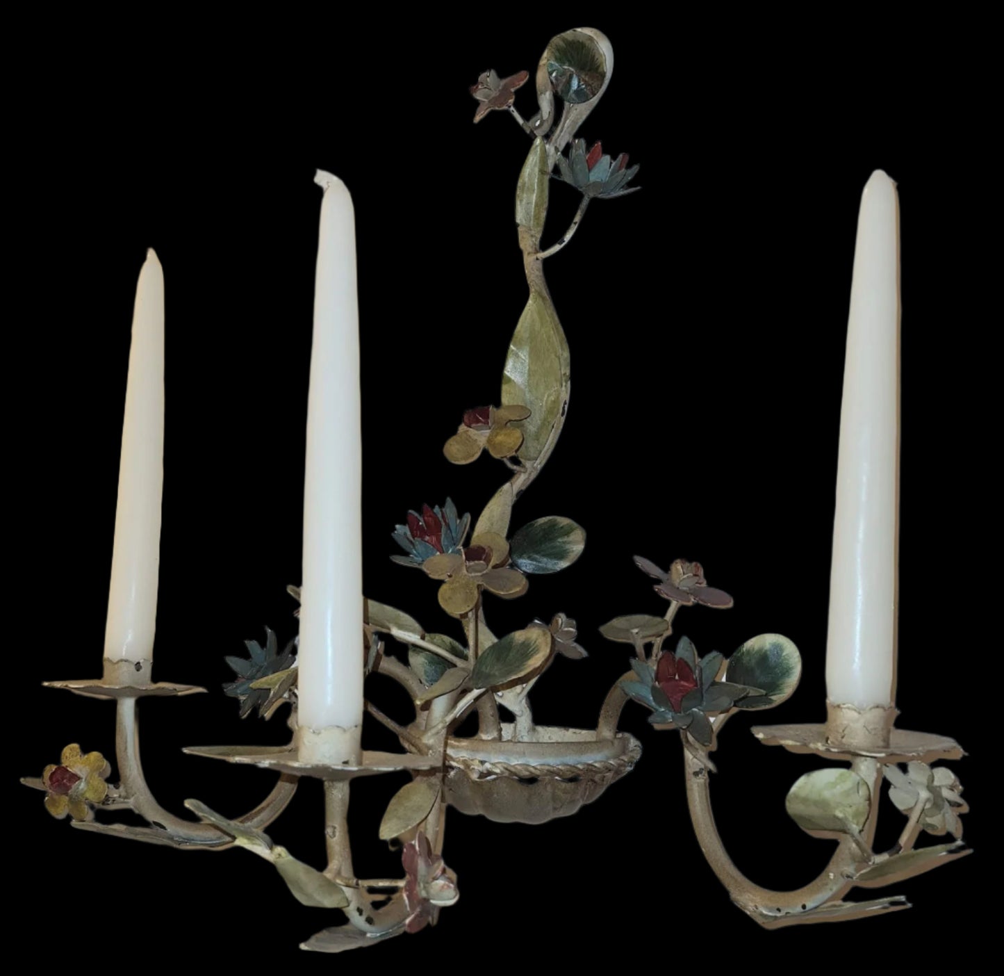 Vintage Italian Tole Painted Flower 3 Candle Wall Sconces