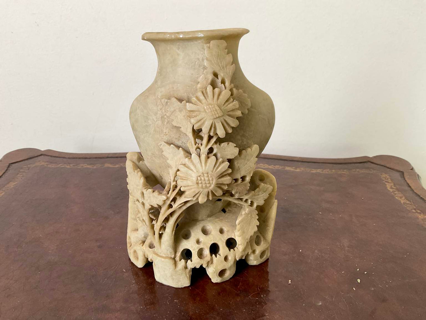 Vintage Hand Carved Soap stone vase with floral detail.